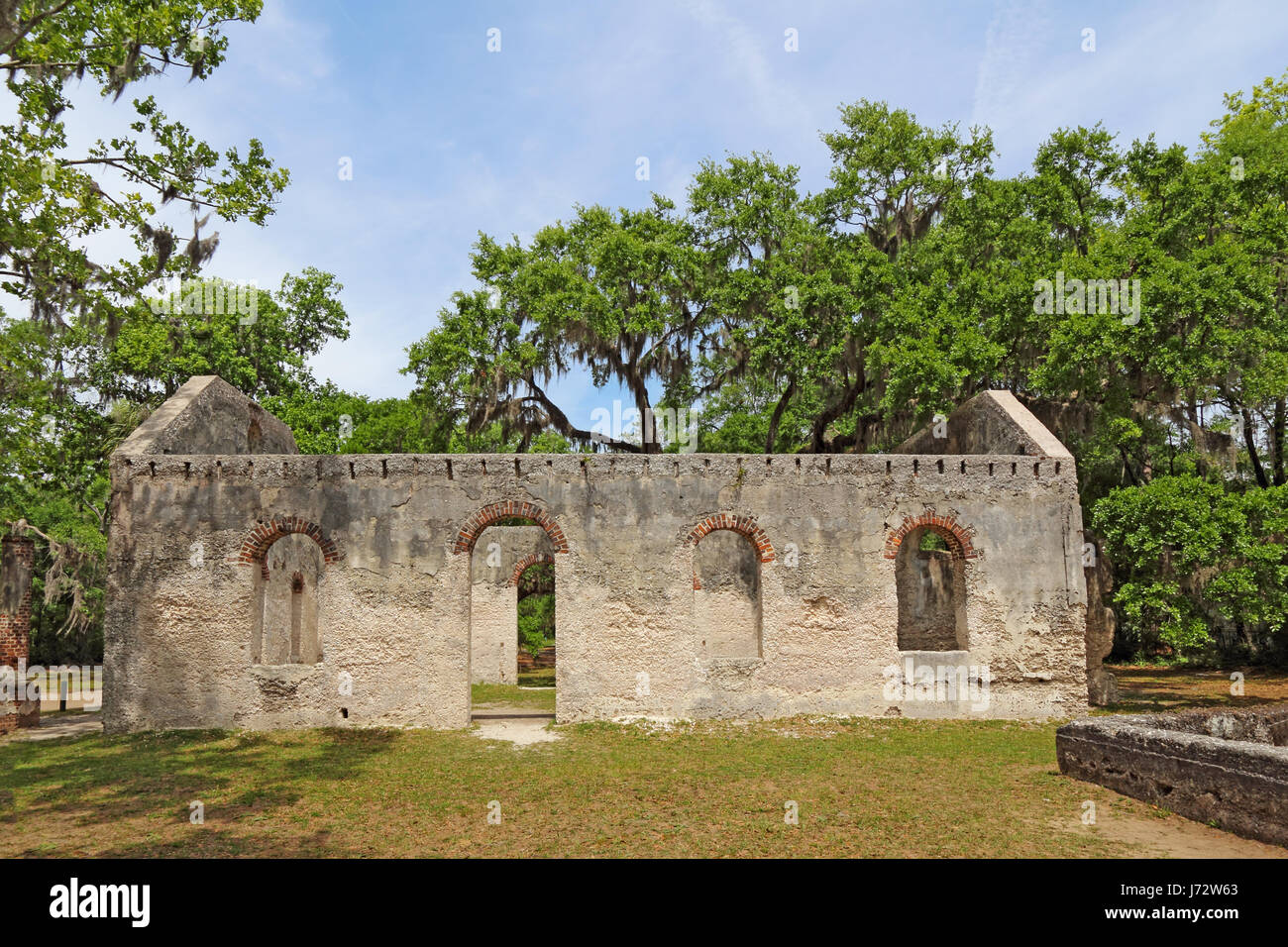 Parete Tabby rovine della cappella della facilità da Saint Helenas chiesa episcopale su Saint Helena Island nella contea di Beaufort, Carolina del Sud Foto Stock