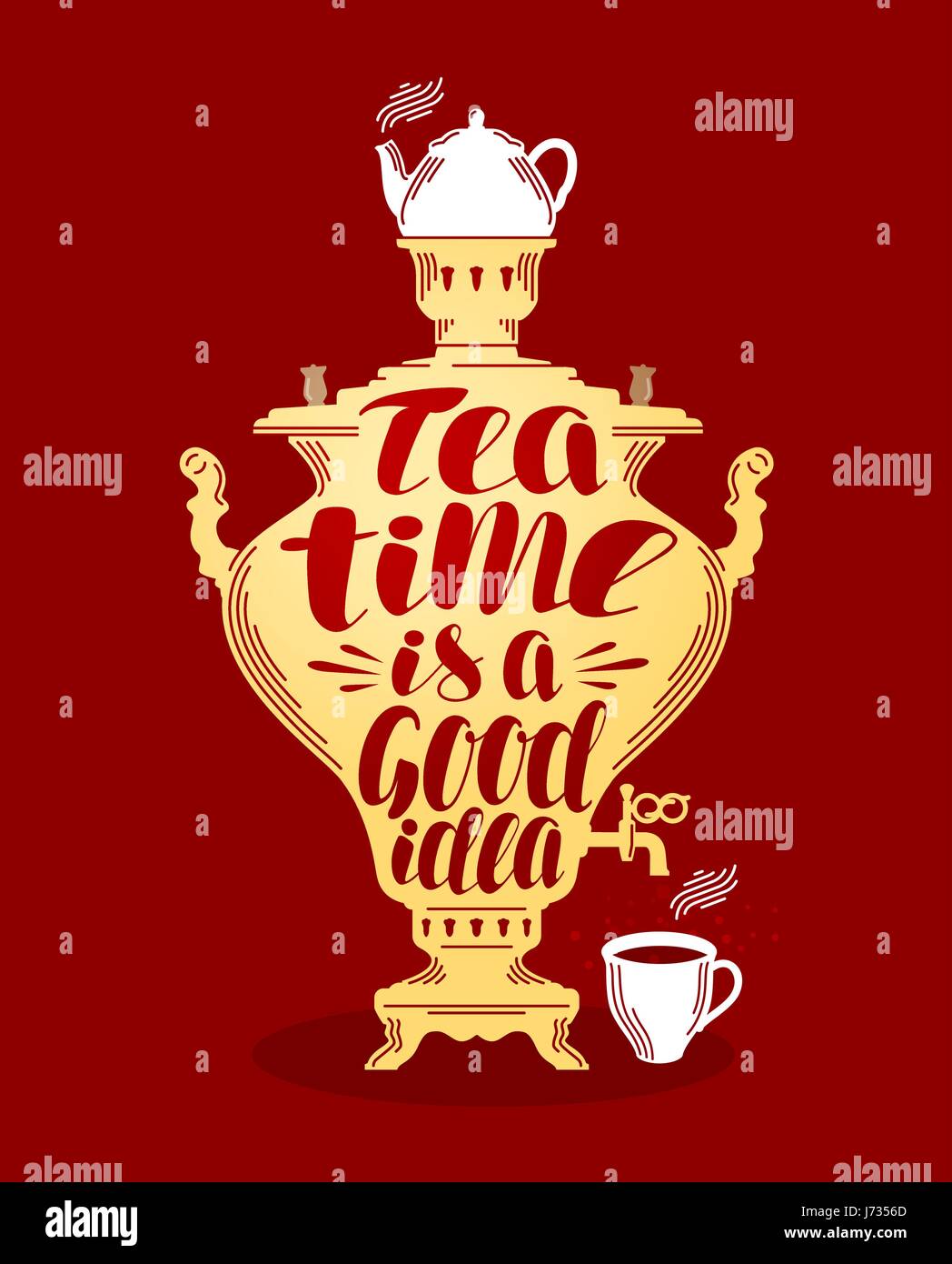 Tè, samovar banner. Modello di progettazione per menu ristorante o bar. Lettering illustrazione vettoriale Illustrazione Vettoriale