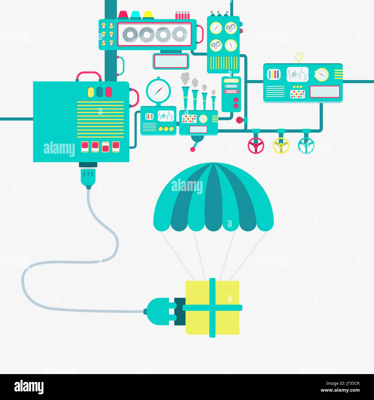 Alimentazione elettrica di un paracadute. Paracadute con un box collegato a una macchina. Macchinari per la produzione di energia elettrica. Illustrazione Vettoriale