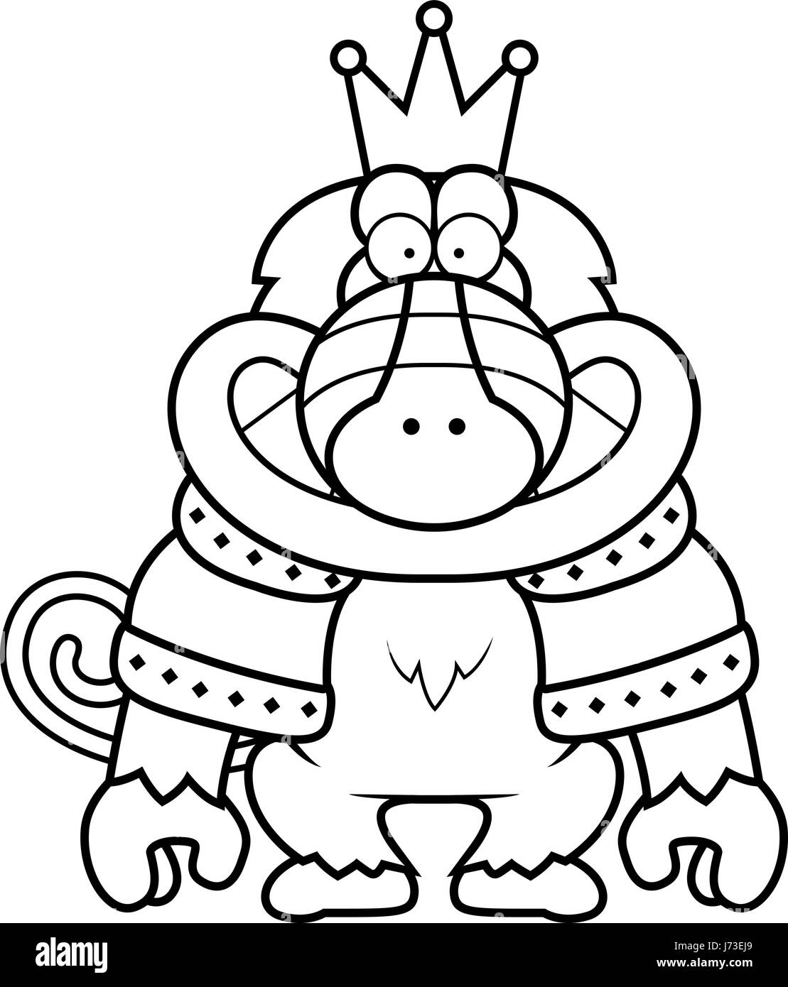 Un cartoon illustrazione di un babbuino re con una corona e accappatoi. Illustrazione Vettoriale