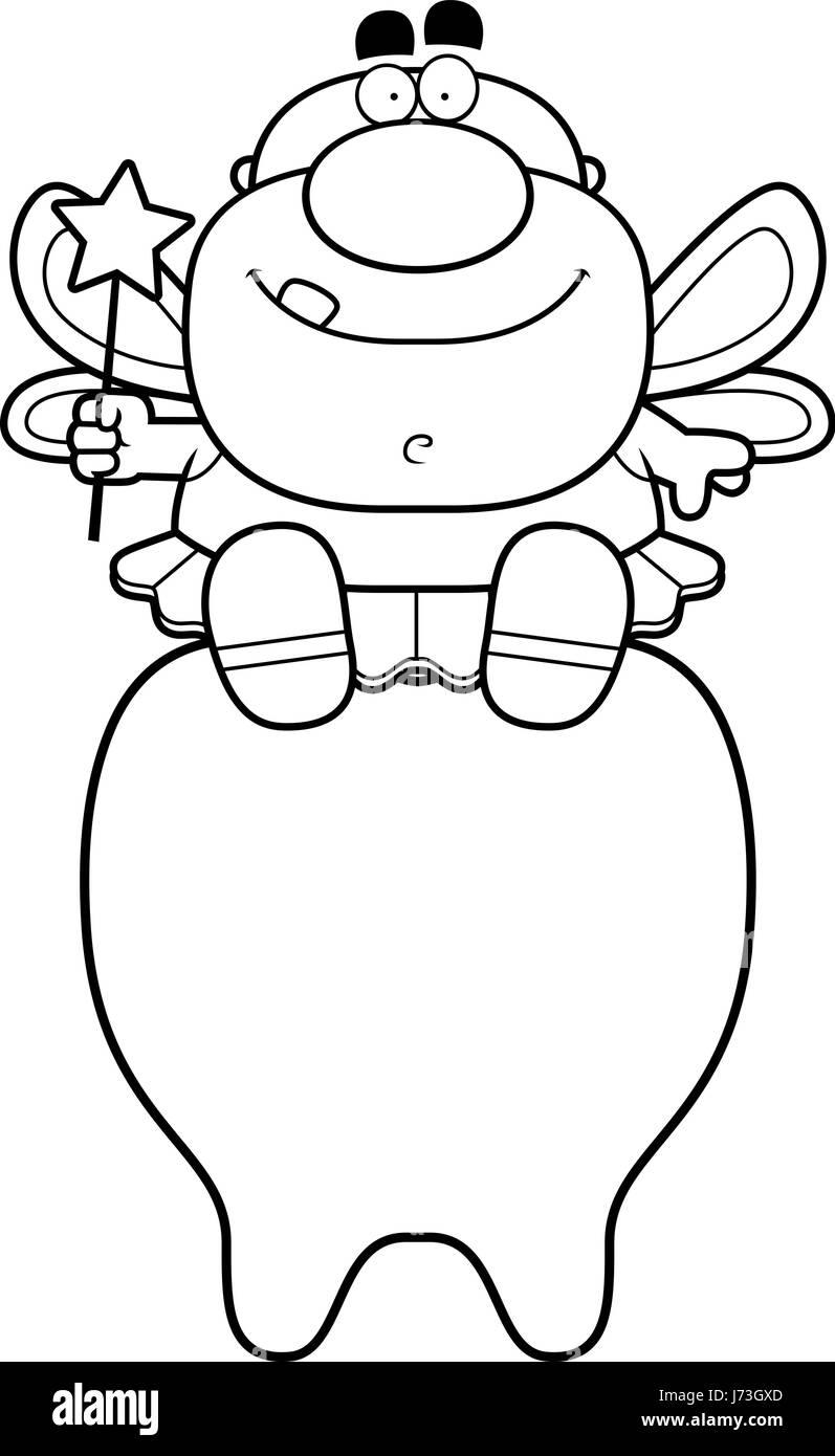 Un cartoon illustrazione di un dente di fata seduta su un dente. Illustrazione Vettoriale
