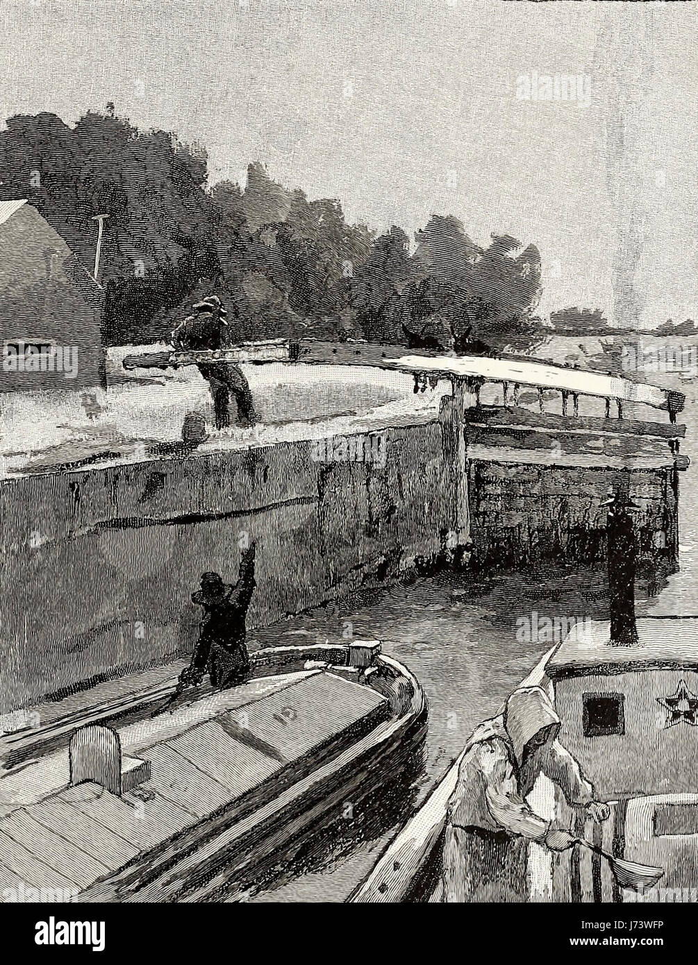 Bloccaggio attraverso - passando attraverso una serratura sul vecchio Delaware e Raritan Canal, circa 1895 Foto Stock