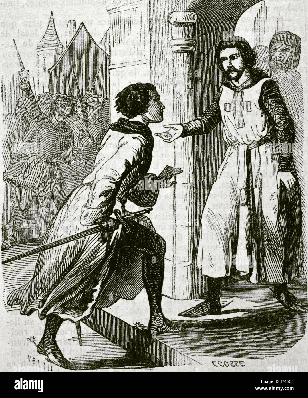 Filippo IV il Bello (1268-1314), Re di Francia e Navarra dal suo matrimonio con Giovanna I di Navarra nel 1284, si rifugiano tra i templari perseguitati dagli abitanti del villaggio. Incisione di Ecosse, 1851. Foto Stock