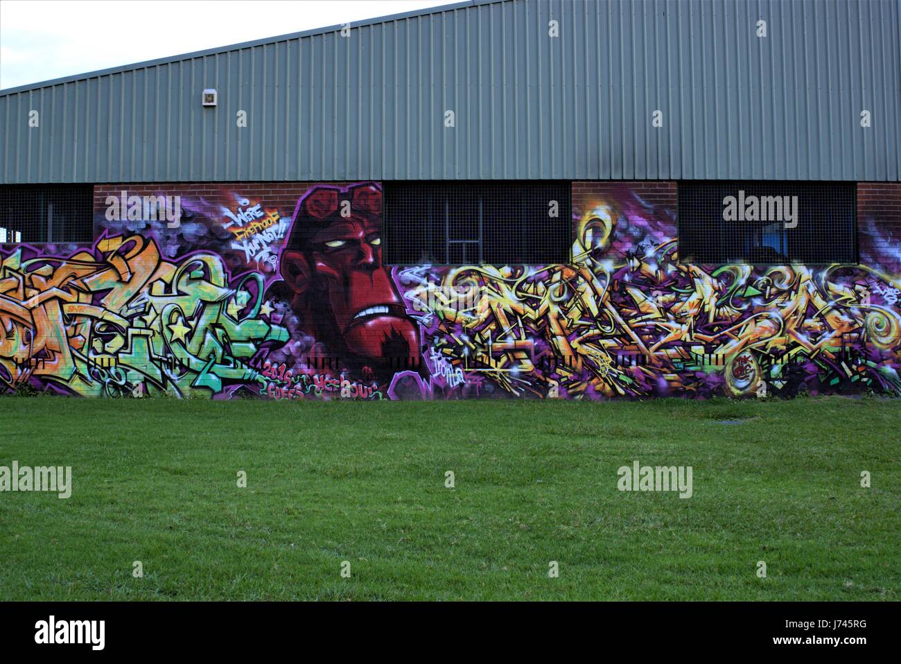 Graffiti di artista sconosciuto. Graffiti sul muro, edificio e l'erba come il 21 maggio 2017 in Australia Foto Stock