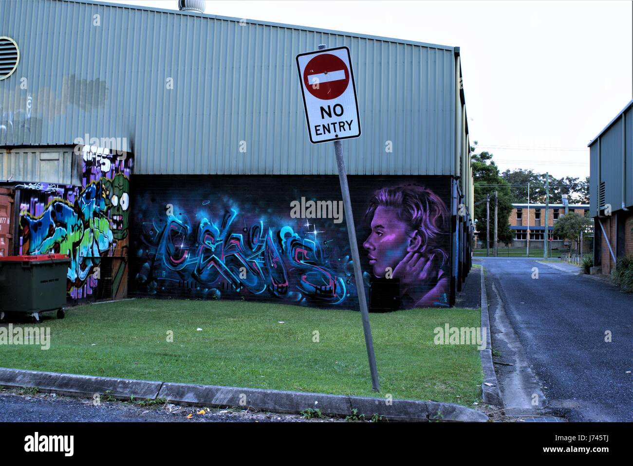 Nessun segno di entrata nella parte anteriore di un graffiti di artista sconosciuto. Graffito. Graffiti su un muro, edificio, erba, vicolo, back street come il 21 maggio 2017 in Au Foto Stock