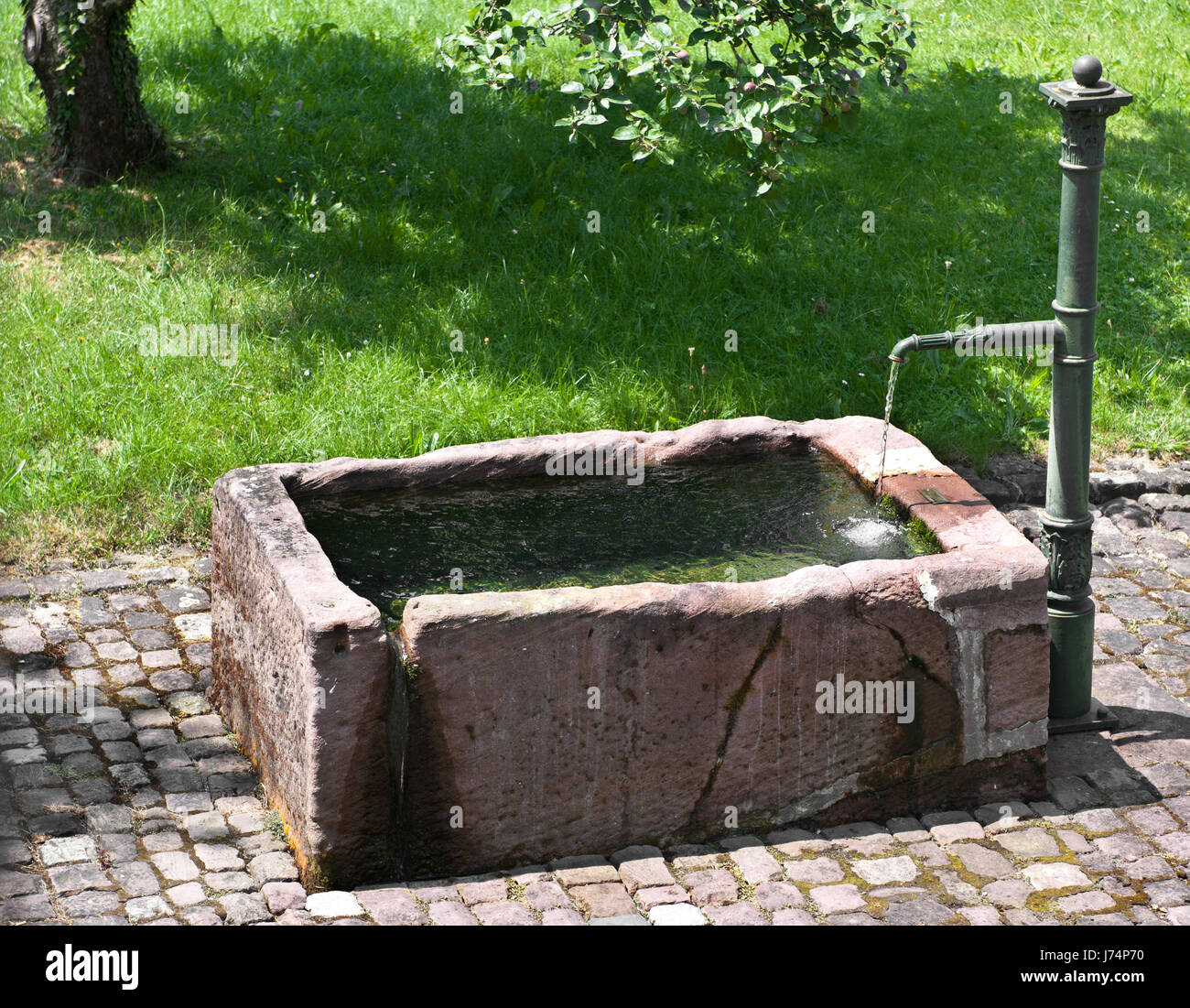 Intonaco storica fontana di pietra arenaria fonte ghisa trogolo storico di acqua Foto Stock