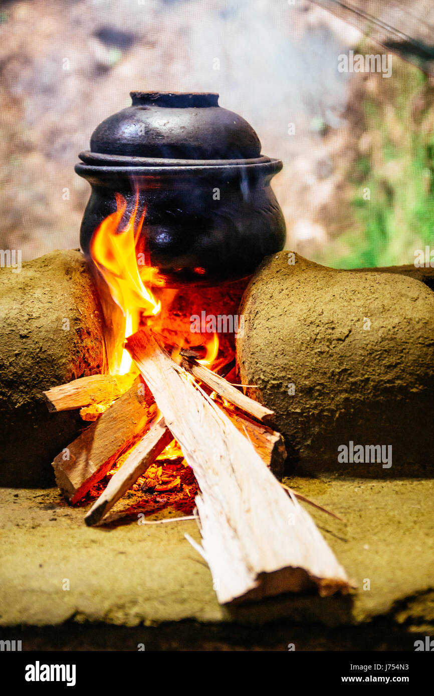 Una pentola di creta e di cottura riscaldato oltre a legna per la stufa fatta di fango e argilla in un esterno tradizionale dello Sri Lanka la cucina. Foto Stock