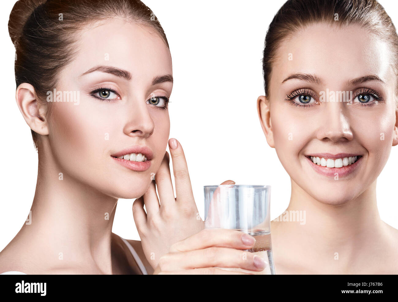 Le donne mostrano proprietà utili di acqua pulita. Foto Stock