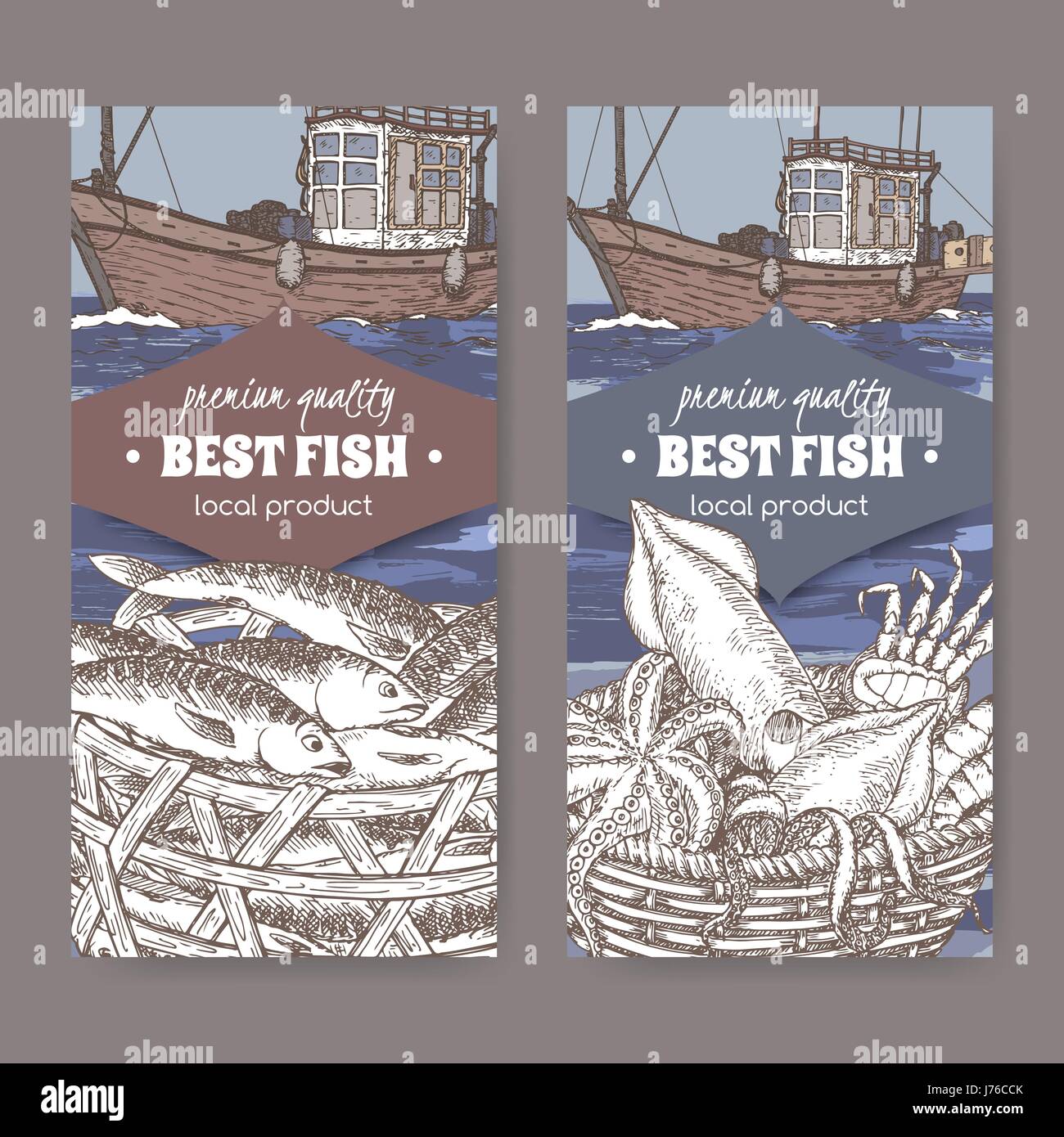 Due etichette con colori vecchia barca da pesca, pesce e frutti di mare cestello. Illustrazione Vettoriale