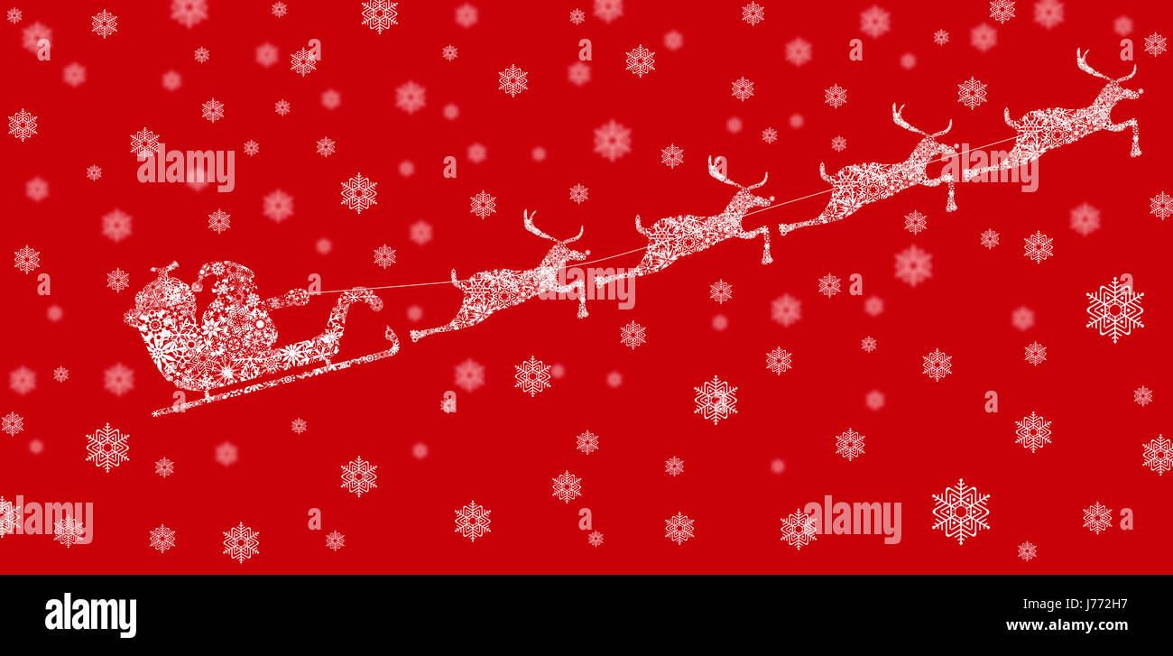 Saluto illustrazione di fiocchi di neve di natale renne con slitta xmas X-mas cards Foto Stock
