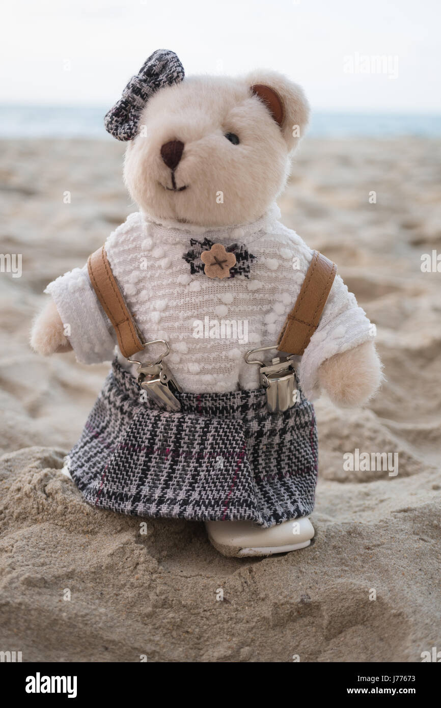 Orsacchiotto di peluche permanente sulla spiaggia Foto Stock