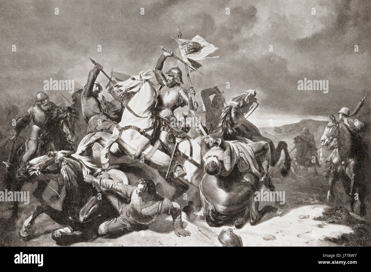 Albert III in una battaglia contro il Nurembergers durante la Prima Guerra di margravio, 1449-52. Albert III, 1414 - 1486 aka Albert Achilles (Albrecht Achilles). Il principe-elettore del Margraviate di Brandeburgo, Germania. Da Hutchinson nella storia delle nazioni, pubblicato 1915. Foto Stock