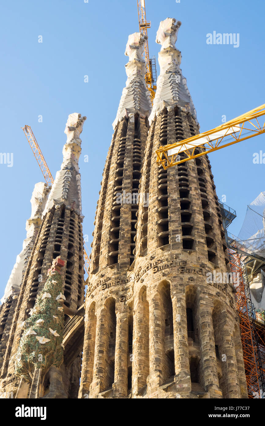 Elaborate guglie scolpite e la costruzione di gru di Gaudi Sagrada Familia Basilica, Barcelona, Spagna. Foto Stock