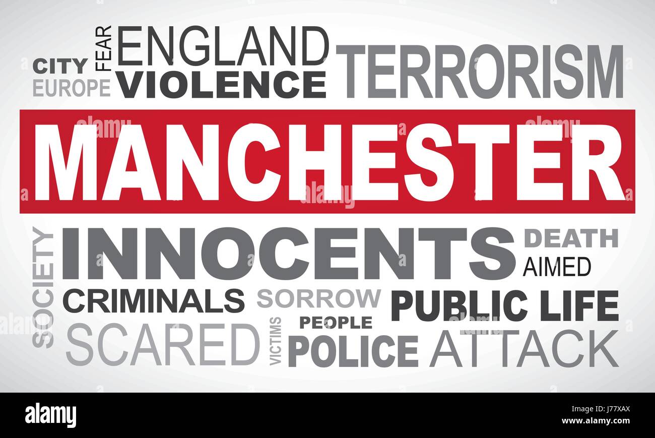 Il terrore di Manchester attacco - word cloud illustrazione inglese Illustrazione Vettoriale