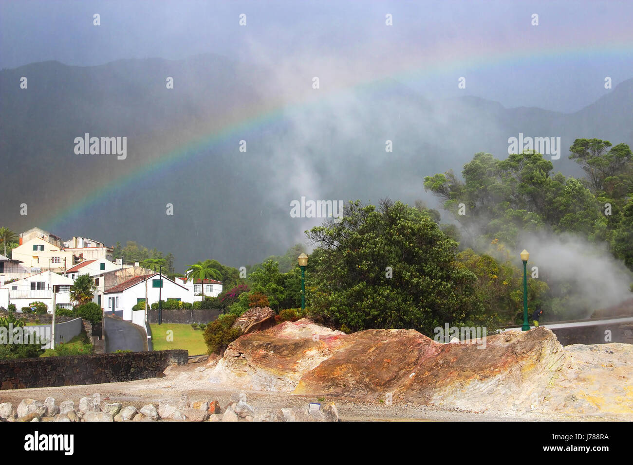 Villaggio di Furnas con sorgenti calde geotermali (Caldeiras), isola Sao Miguel, Azzorre, Portogallo Foto Stock