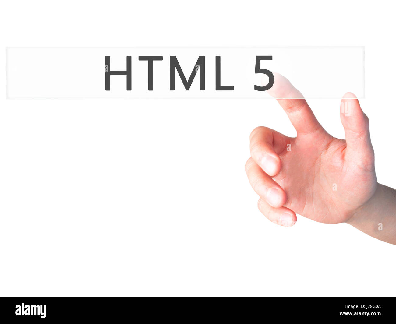 HTML 5 - Mano premendo un pulsante sul fondo sfocato concetto . Business, tecnologia internet concetto. Stock Photo Foto Stock