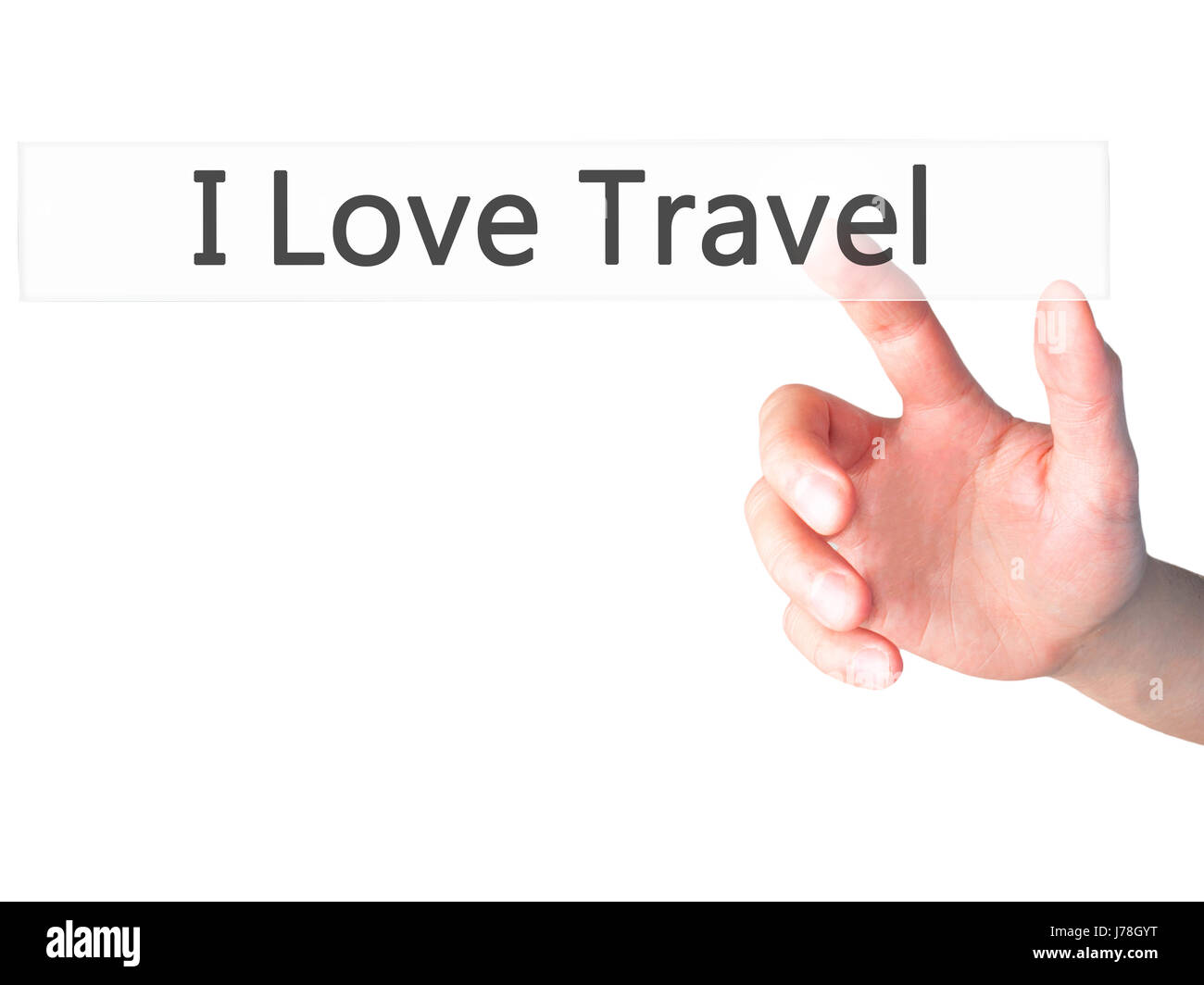 Io amo viaggiare - Mano premendo un pulsante sul fondo sfocato concetto . Business, tecnologia internet concetto. Stock Photo Foto Stock