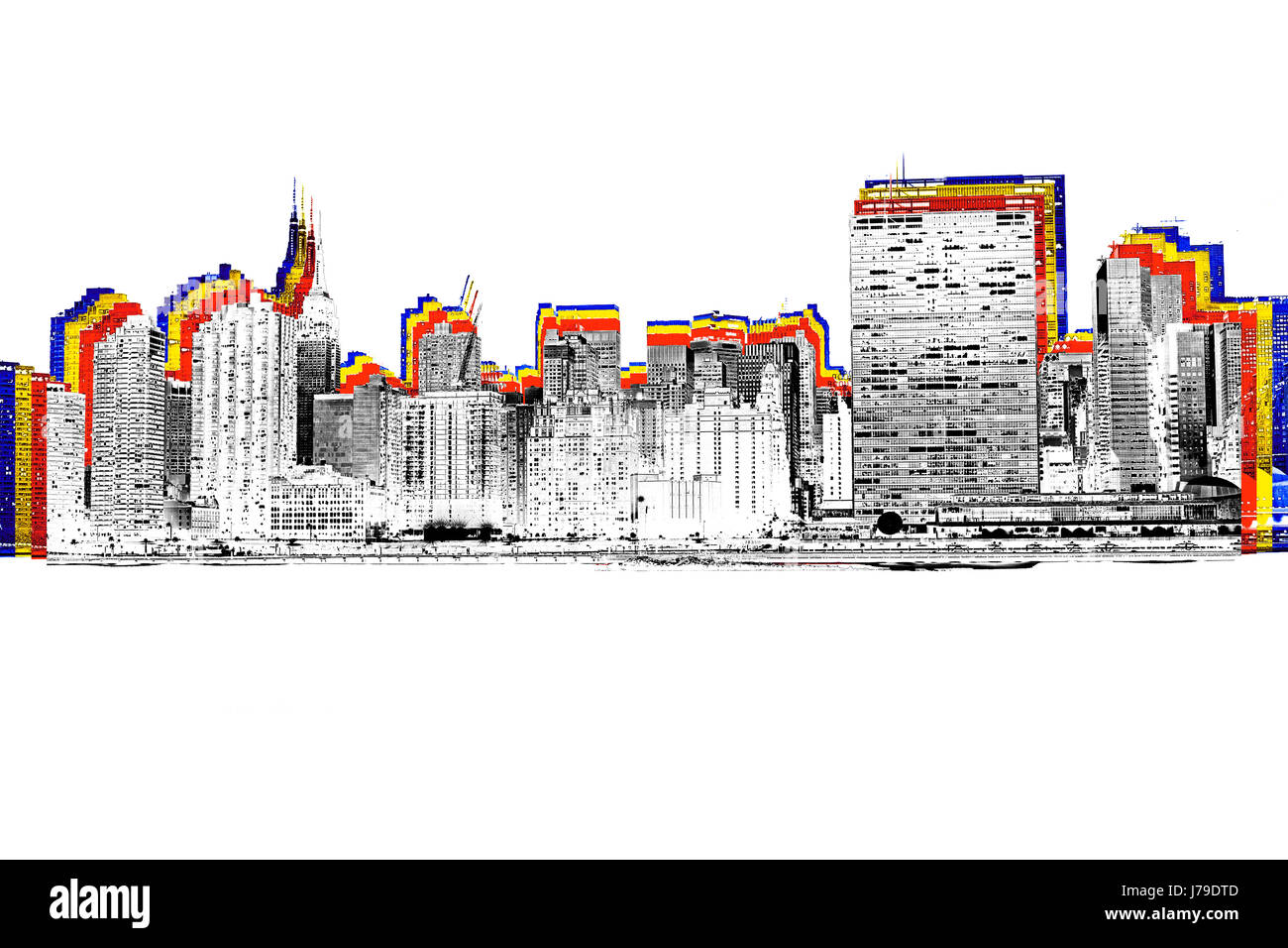 La città di New York skyline waterfront. Vista dell'Empire State Building, edificio delle Nazioni Unite su sfondo bianco Foto Stock