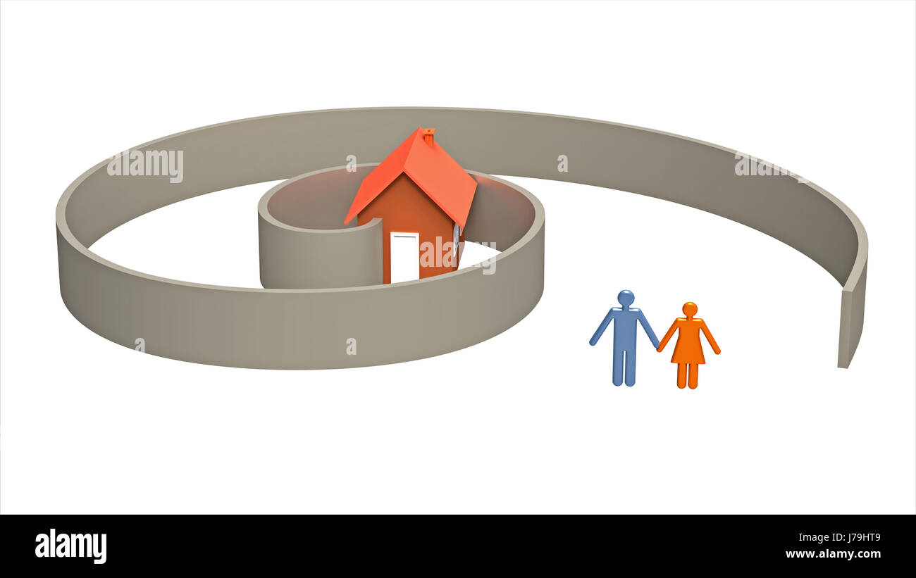 Uomo home labirinto proprio rendere road vendita donna 3d uomo edificio blu sfida Foto Stock
