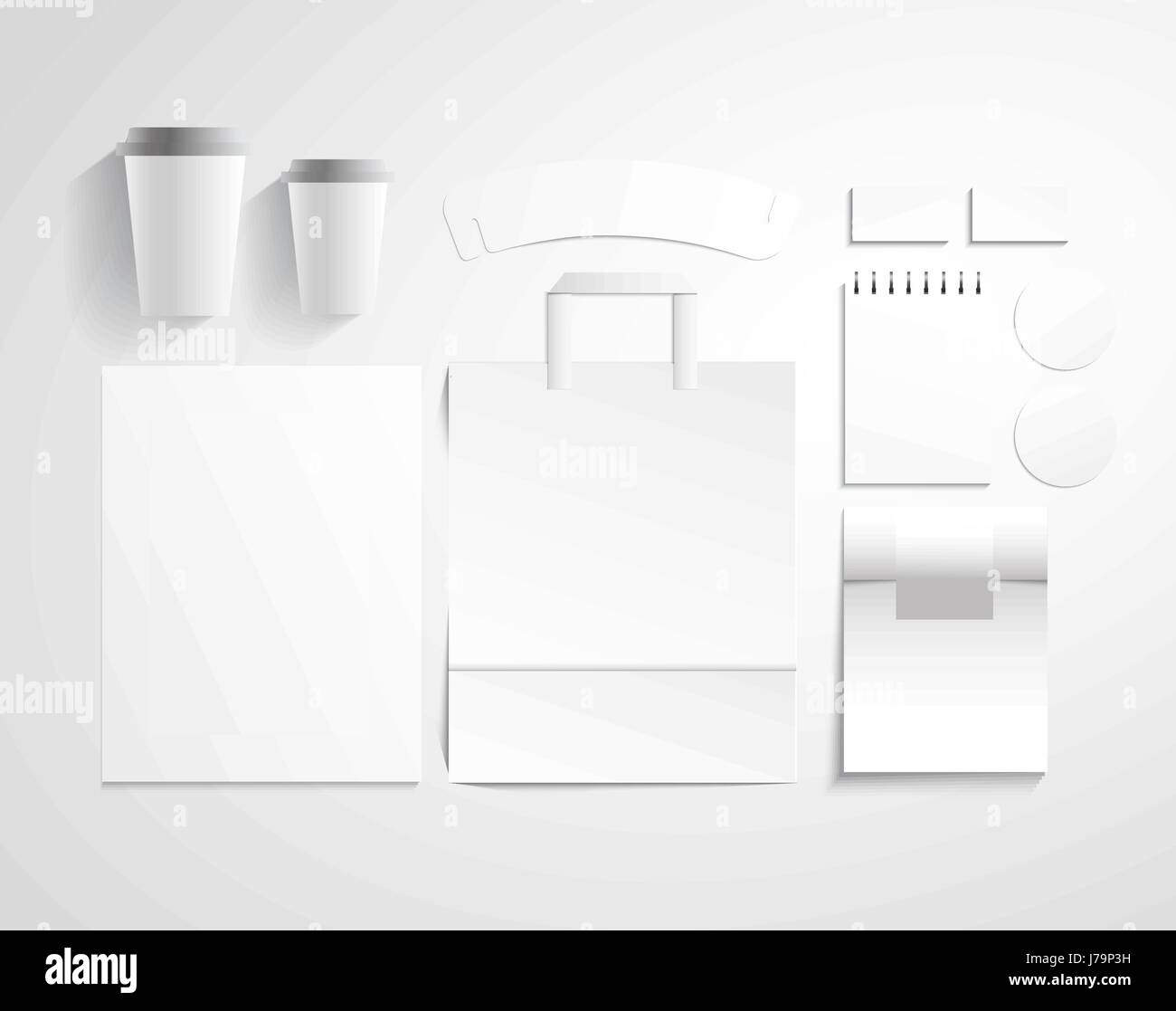 Blank mock up corporate design illustrazione vettoriale. Modelli vuoti Tazze, borse, businescard e notebook Illustrazione Vettoriale