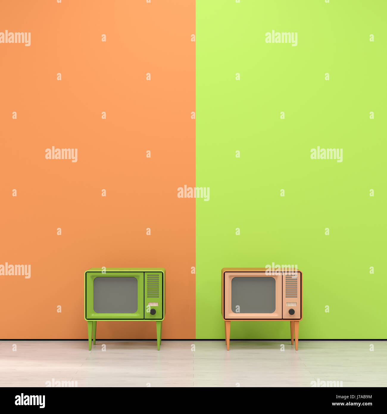 Verde e arancione la televisione in stile retrò di fronte arancione parete gialla Foto Stock