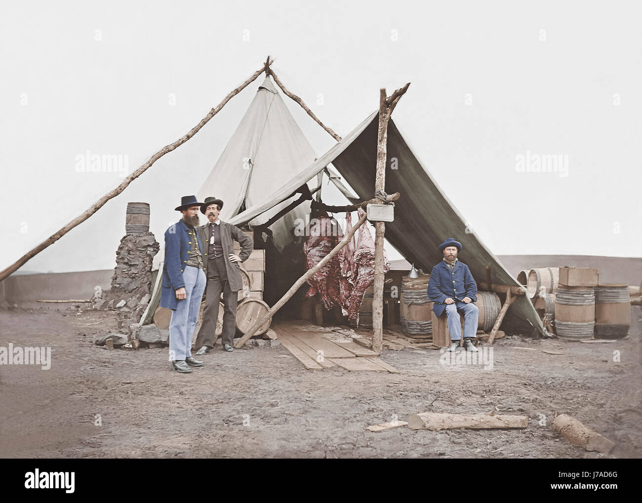 Carni bovine vestiti appesi in tenda durante la Guerra Civile Americana. Foto Stock