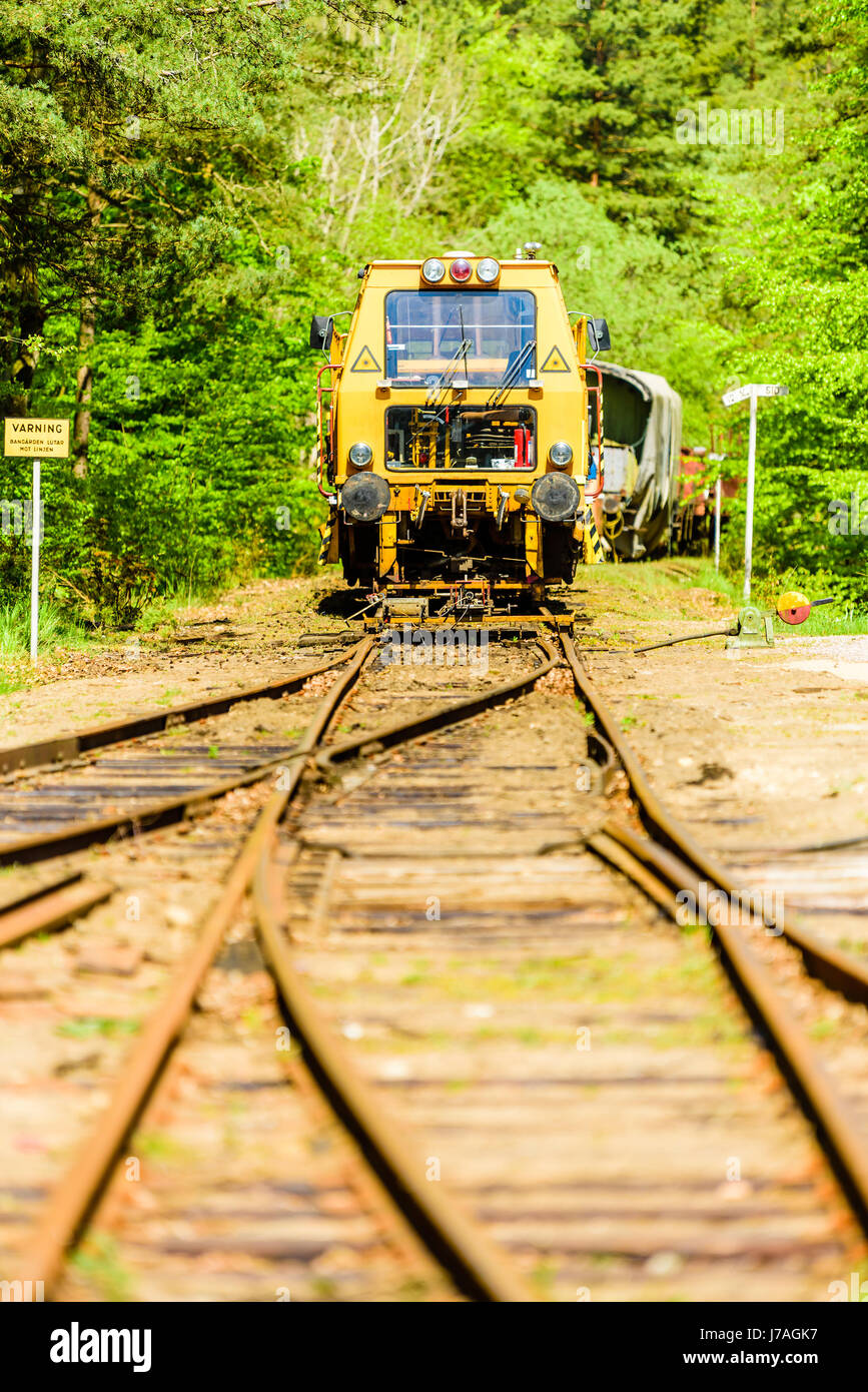 Brosarp, Svezia - 18 Maggio 2017: documentario della pubblica storica area della stazione ferroviaria. Vintage giallo Plasser dotato di laser macchina compattatrice su ferrovia Foto Stock