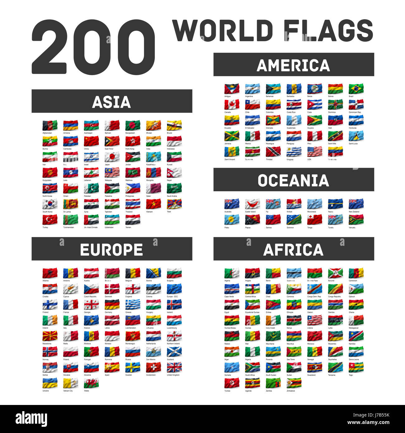 Bandiere del mondo sventolano al vento, isolato su sfondo bianco Foto Stock