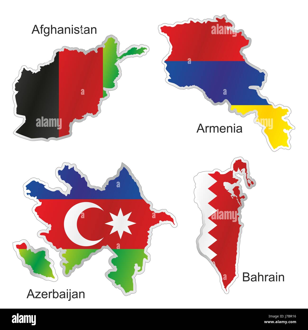 Asia bandiera Azerbaigian armenia afghanistan mappa atlas mappa del mondo isolato Foto Stock
