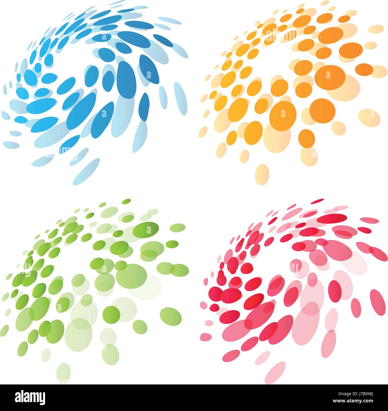 Cerchio astratto logotipo set. Verde, blu, arancio, rosso rotondo punteggiata isolato chem logo collection. Icona di virus. Insolito sun. Simbolo del fiore. Segno a spirale.Vettore illustrazione dei germi Illustrazione Vettoriale