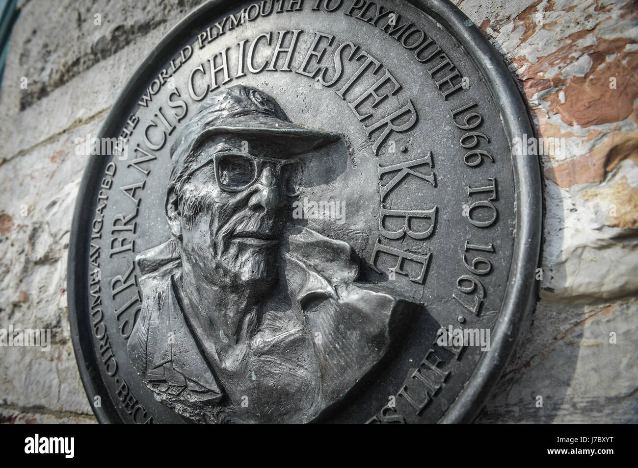 La placca per Sir Francis Chichester, Plymouth. Foto Stock