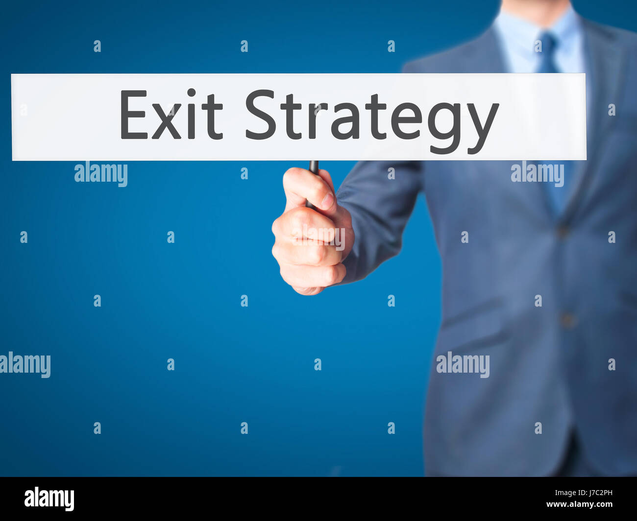 Exit Strategy - Imprenditore mano azienda segno. Business, tecnologia internet concetto. Stock Photo Foto Stock