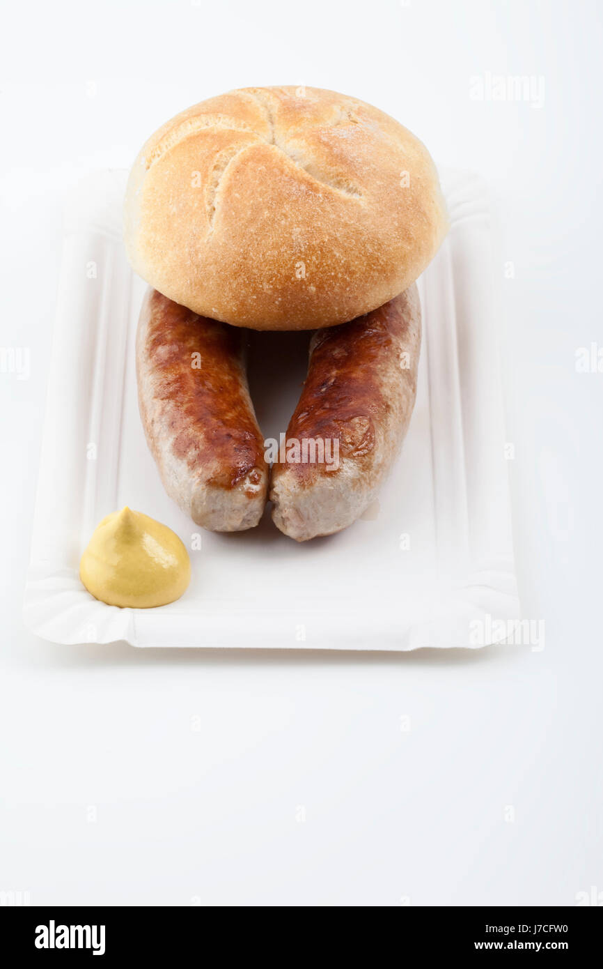 Mostarda di salsiccia un fast food roll kaiser thick ampia fat snack nutrition imbi Foto Stock