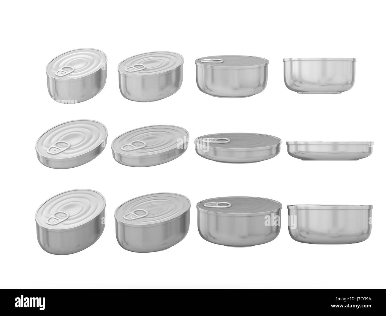 Set di alluminio con fondo tondo ovale lattine di lattina in varie dimensioni . Generale possono confezione con etichetta vuota per la varietà di prodotti alimentari ,pronto per il vostro Foto Stock