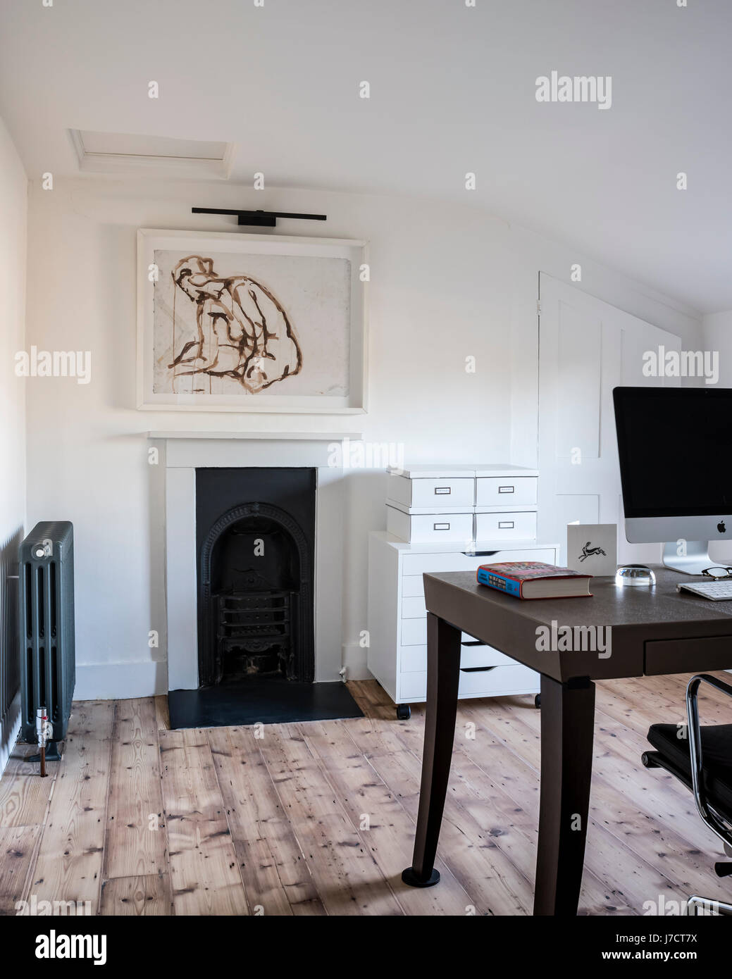 Chic home office con pavimento in legno e incorniciati acquerello da Ryan mcelhinney, il piano di lavoro è Philippe Hurel e il deposito bokes da IKEA Foto Stock