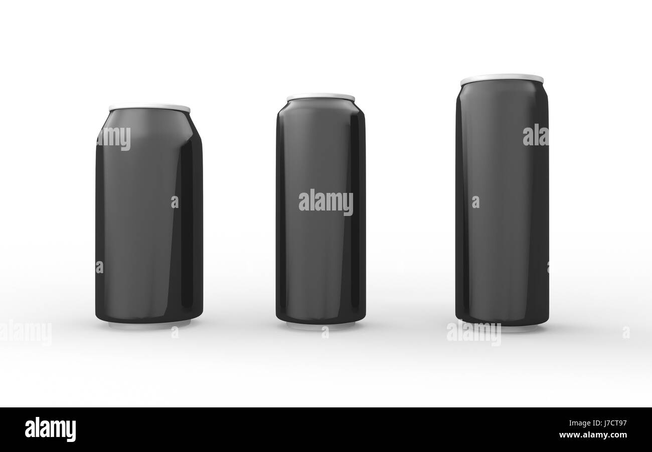 Set di nero di lattine in alluminio isolato su bianco con percorso di clipping, imballaggi per bevande analcoliche, succhi di frutta e acqua e bevande Foto Stock