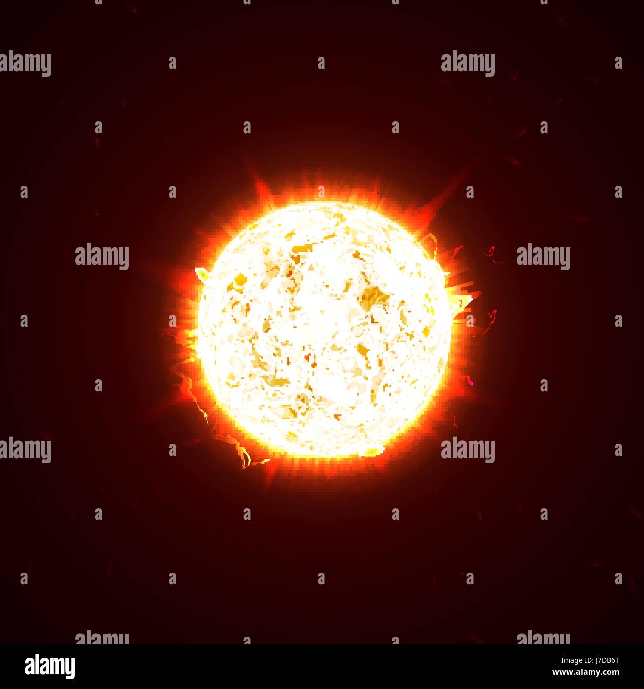 La masterizzazione di realistiche in 3D Sun, lampeggia, riflesso, flare, scintille, fiamme, calore e raggi di fuoco. Orange, caldo cosmic pianeta rosso su sfondo nero illustrazione vettoriale Illustrazione Vettoriale