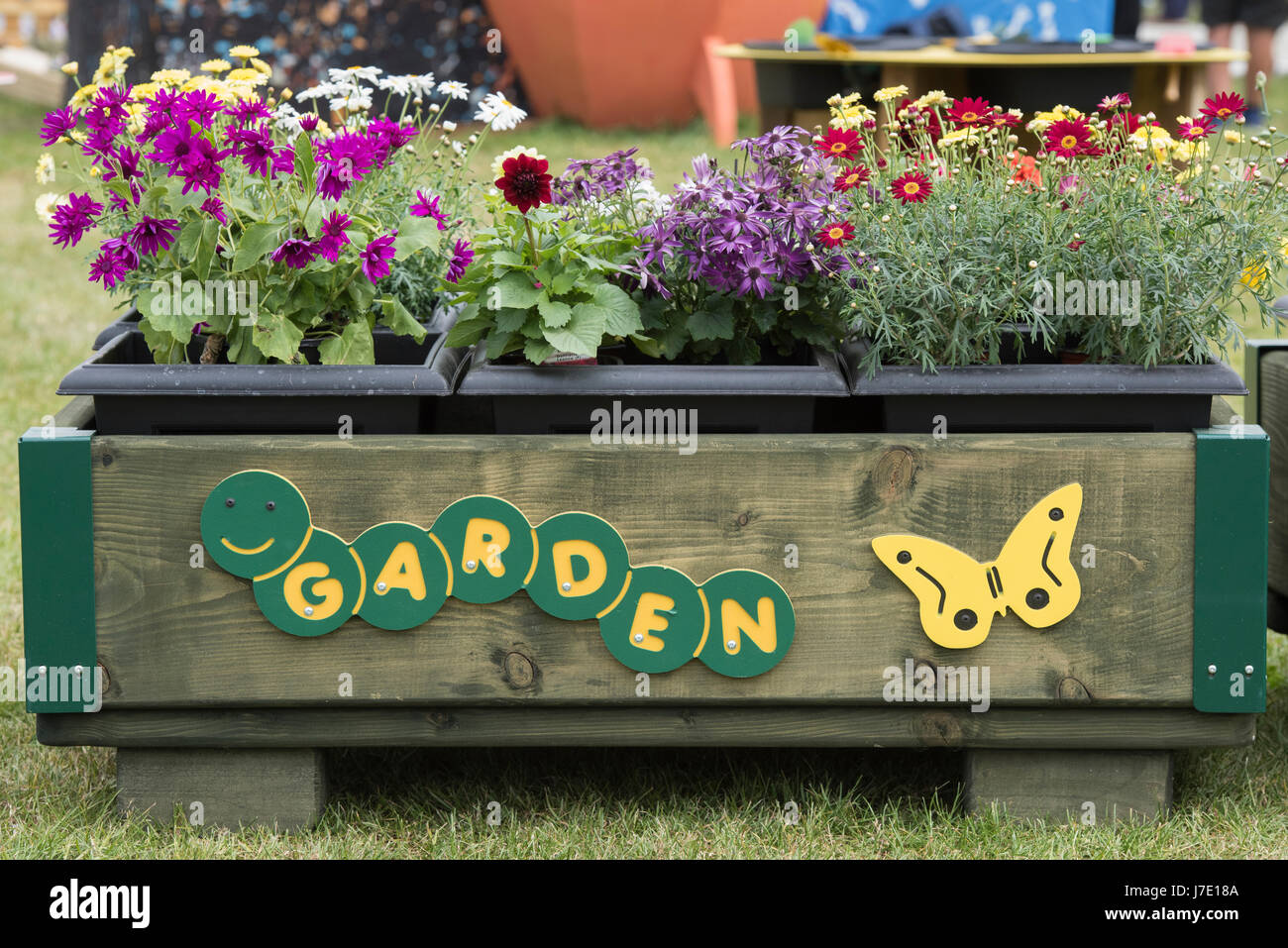 Incoraggiare i bambini a giardino. Giardino per bambini piantatrice con fiori a flower show. Regno Unito Foto Stock