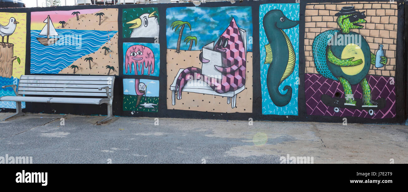 Artwork, murales sul lungomare, la spiaggia di Bondi, Sydney Foto Stock