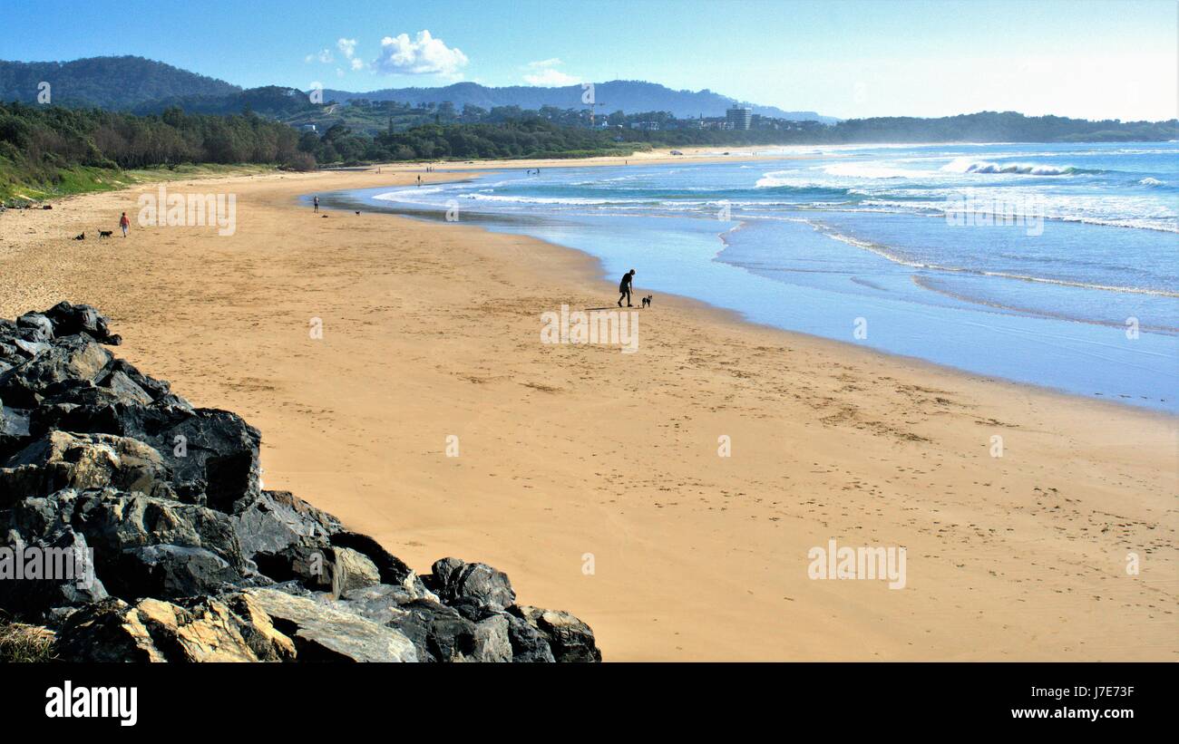 Spiaggia australiana con onde, rocce e colline, montagne e persone non identificabili, i cani in lontananza. Paesaggio di Australia. Foto Stock