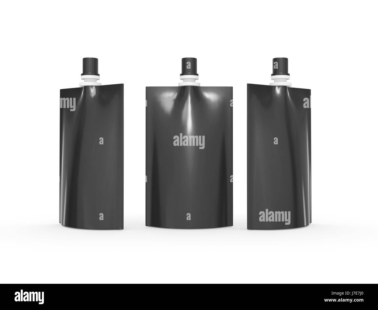 Bianco nero borsa di succo di imballaggi con coperchio del tubo di lancio, percorso di clipping incluso. Confezione in plastica mock up per liquido prodotto come succo di frutta, latte o gelatina, Rea Foto Stock