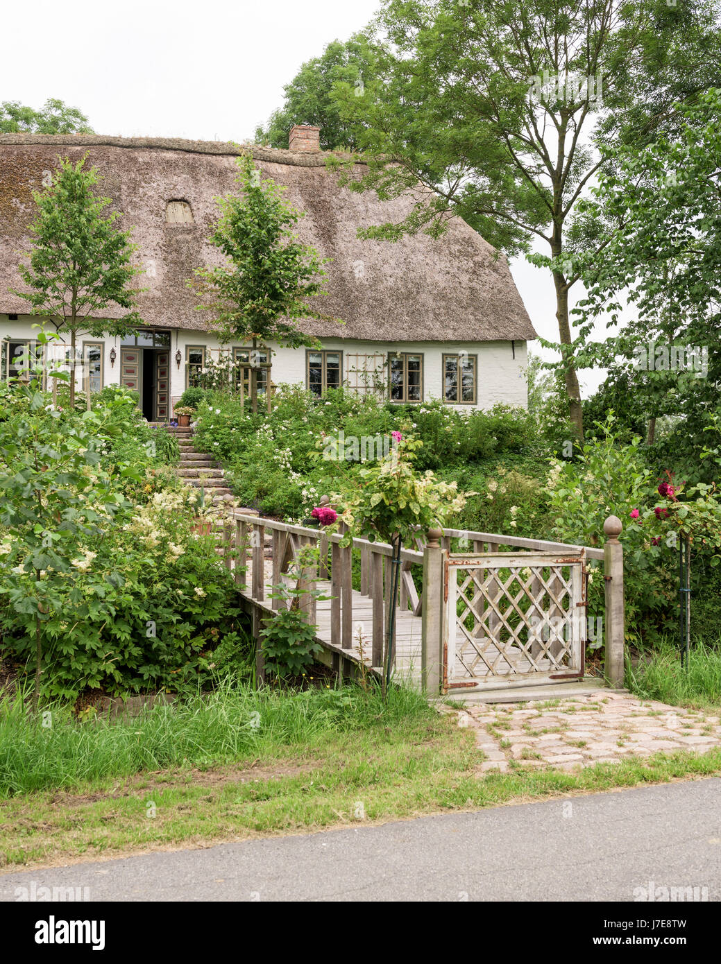 Gated passerella e giardino con tetto di paglia del xvii secolo famhouse costruito nel XII secolo earthmound per impedire allagamento Foto Stock