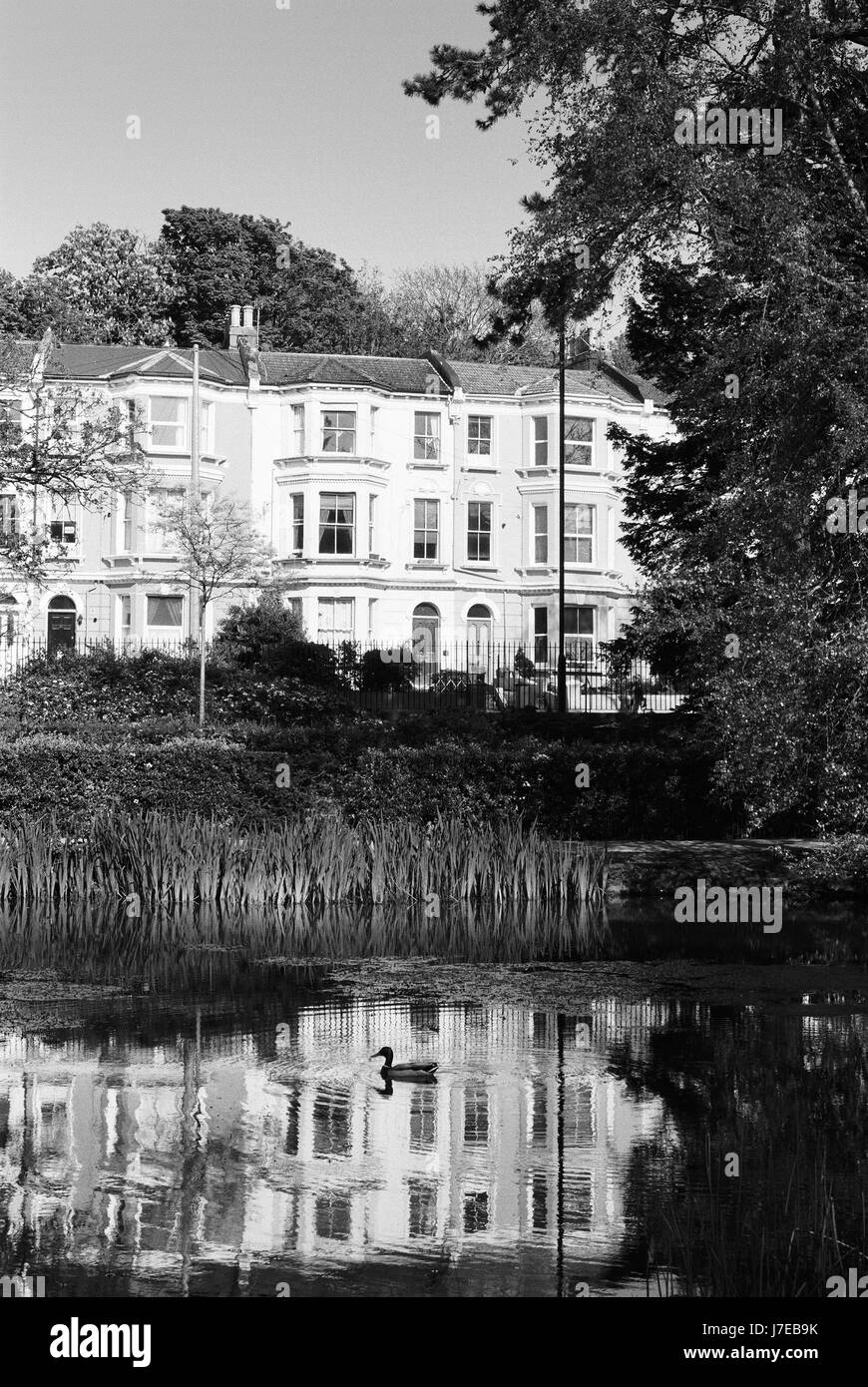 Alexandra Park a Hastings, East Sussex, Regno Unito, con il lago e le case che si affacciano sul parco Foto Stock