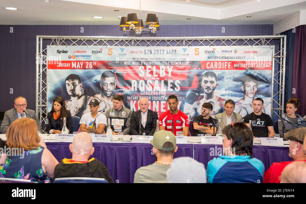 Cardiff Wales, Regno Unito, 24 maggio 2017. Un ciclone promozioni boxe conferenza stampa presso il Clayton Hotel davanti a 'Il Drago' card presso Motorpoint Arena venerdì 26 maggio. Foto di Mark Hawkins Credito: Mark Hawkins/Alamy Live News Foto Stock