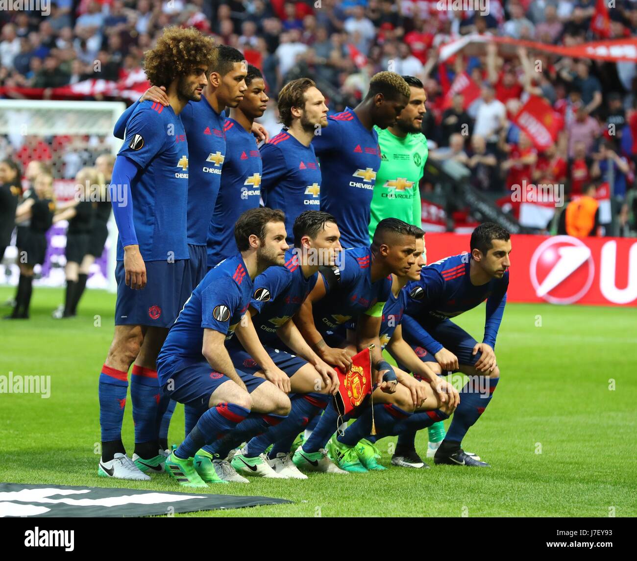 Stoccolma, Svezia. Xxiv Maggio, 2017. Il Manchester United che iniziano i giocatori posano per le foto prima della UEFA Europa League match finale tra Manchester United e Ajax Amsterdam presso gli amici Arena di Stoccolma, Svezia, 24 maggio, 2017. Il Manchester United rivendicato il titolo sconfiggendo Ajax Amsterdam 2-0. Credito: Gong Bing/Xinhua/Alamy Live News Foto Stock