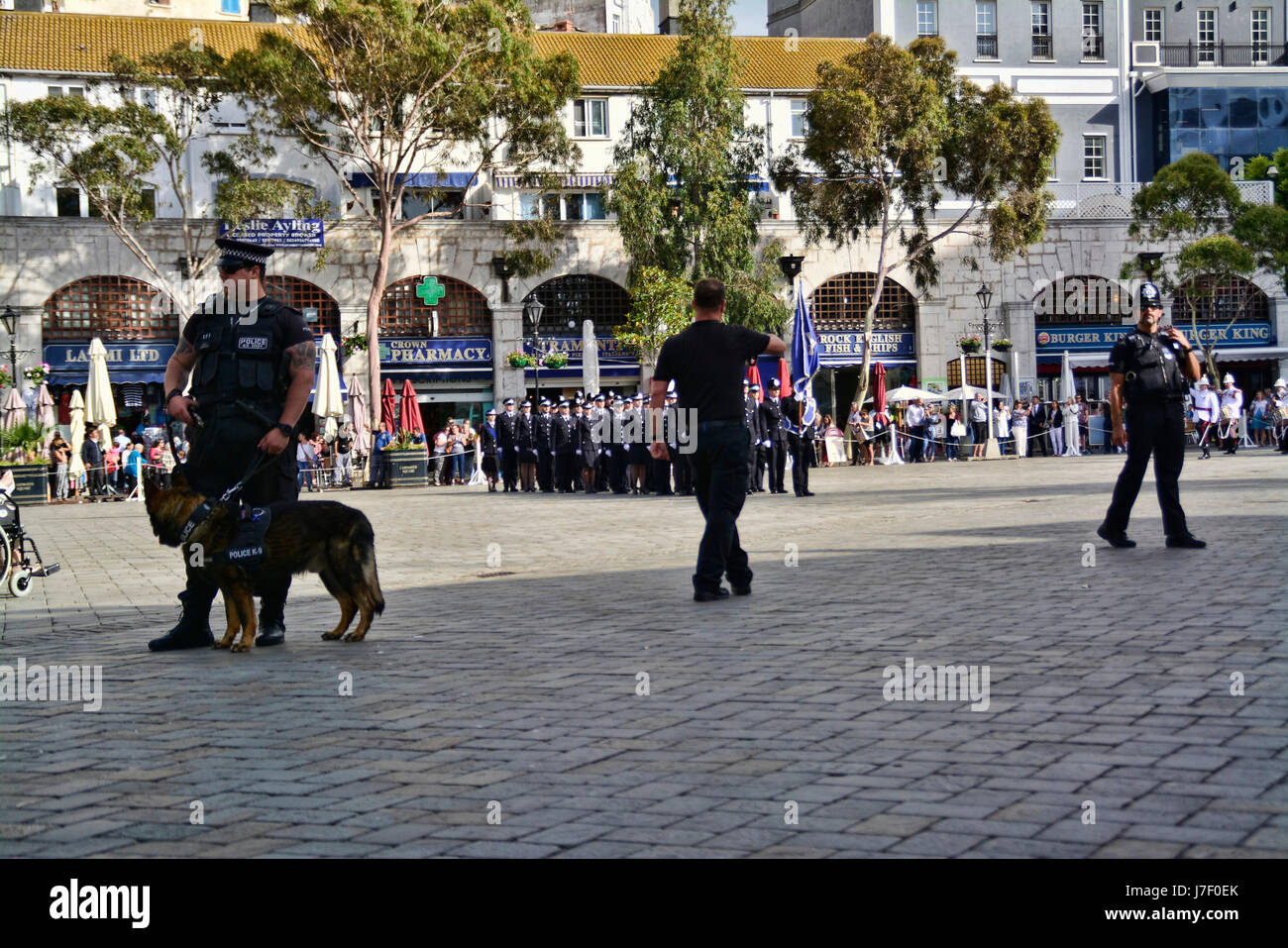 Gibilterra. Il 24 maggio 2017. Royal Gibilterra le reclute di polizia oggi ha sfilato attraverso la strada principale sulla piazza Casemates sotto stretta vigilanza armata. La polizia che passano fuori parade continuato come normale con la British Overseas territorio mantenendo i loro livelli di sicurezza a sostanziale e non in parallelo al Regno Unito di fondamentale importanza lo stato di sicurezza. La parata è stata supportata da risposta armata unità da entrambi RGP e PIL lungo con AFO degli ufficiali di polizia, unità di cane e i team di ricerca per garantire la tenuta delle misure di sicurezza adottate in tutta l'evento. Credito: Stephen Ignacio/Alamy Live News Foto Stock