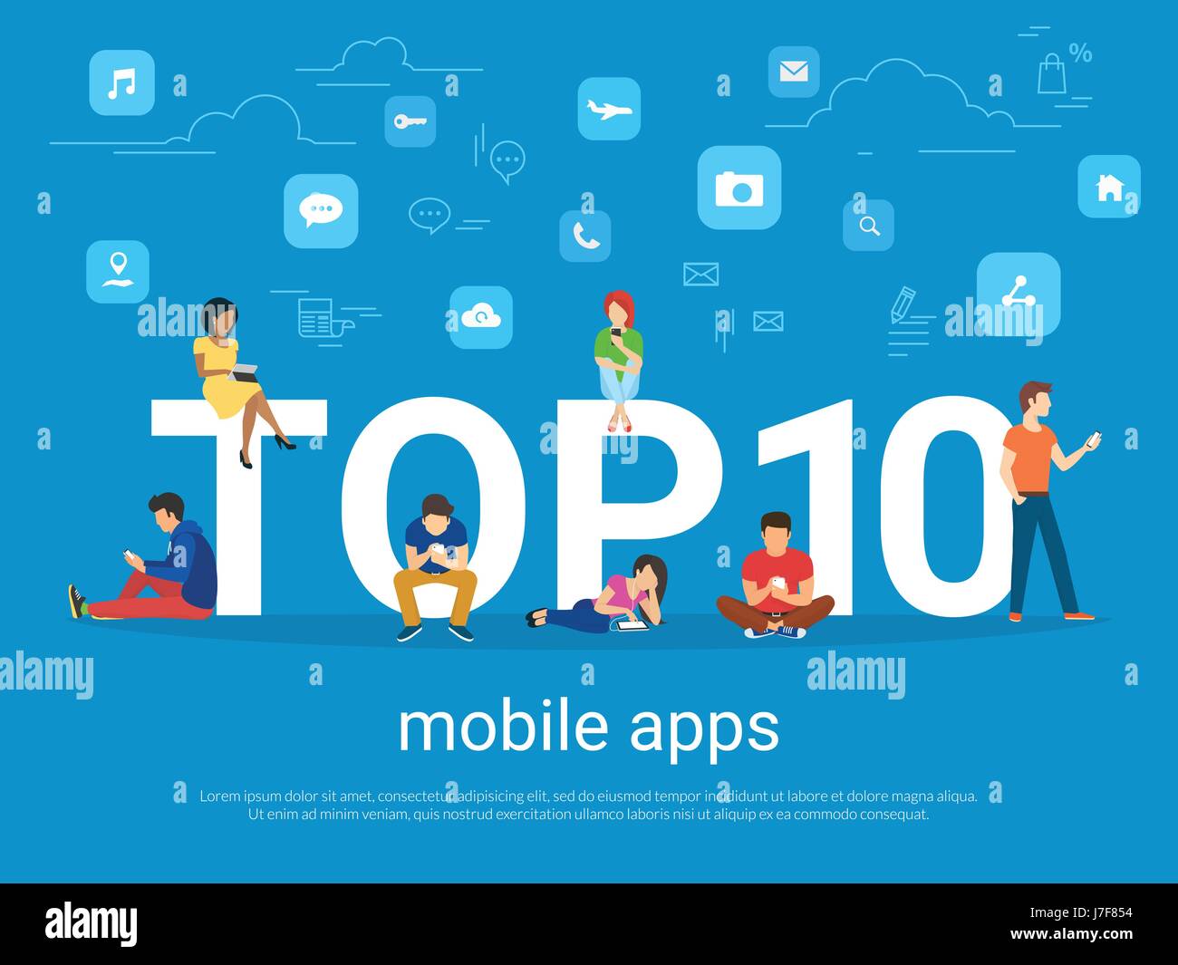 Top 10 app mobile e le persone con i gadget utilizzando gli smartphone Illustrazione Vettoriale