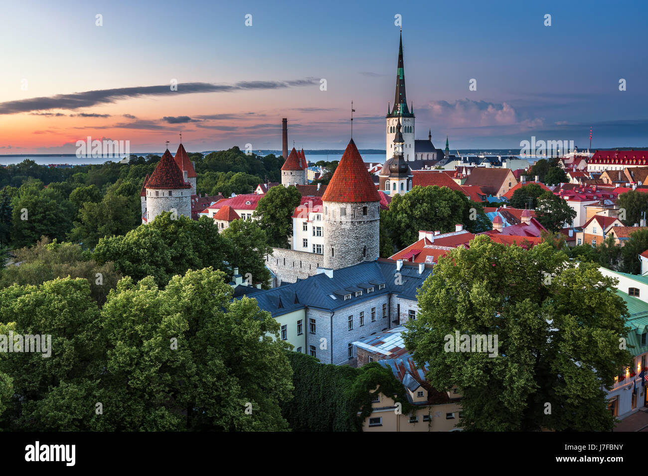 Vista aerea della città vecchia di Tallinn da Toompea Hill in serata, Tallinn, Estonia Foto Stock
