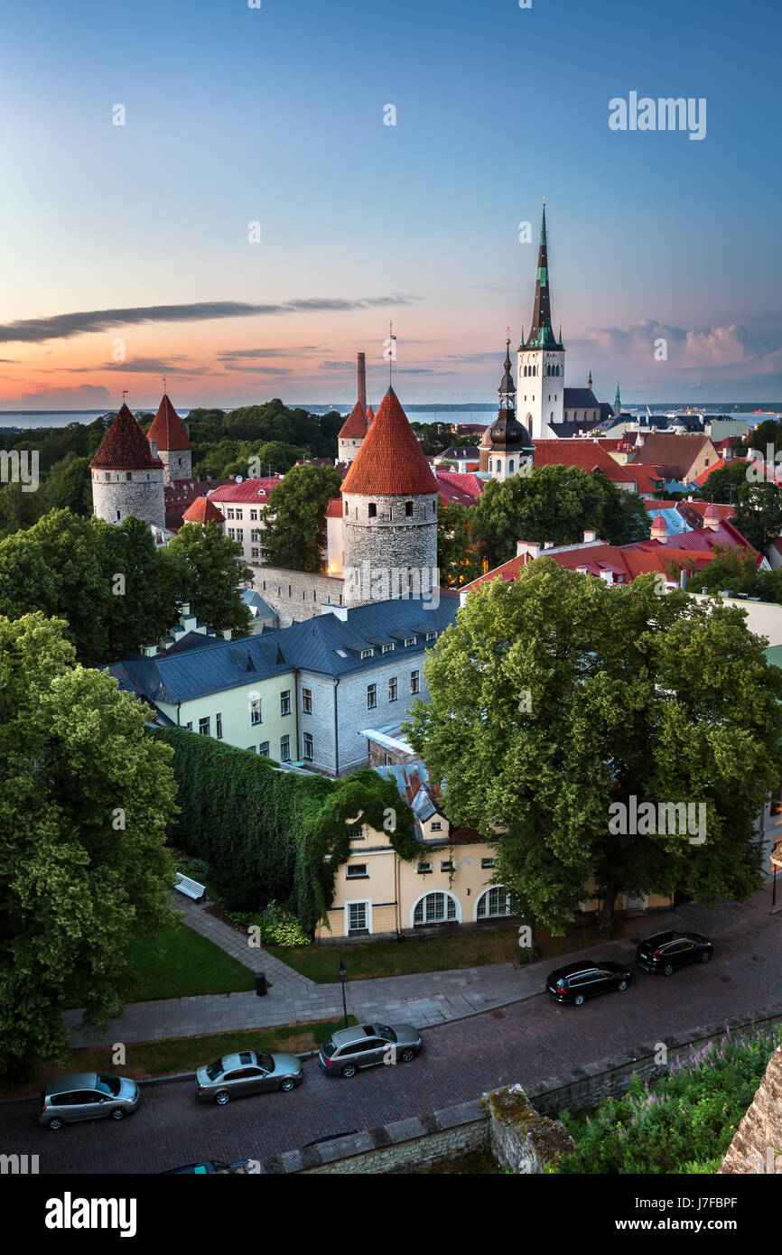 Vista aerea della città vecchia di Tallinn da Toompea Hill in serata, Tallinn, Estonia Foto Stock