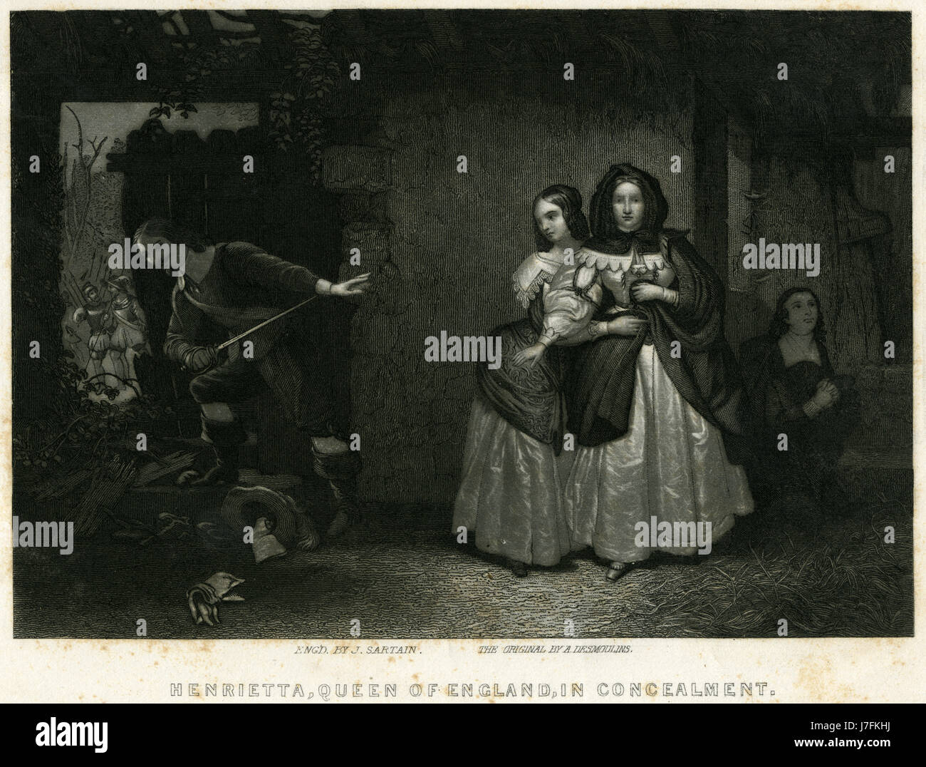 Antique c1840 incisione, Henrietta, regina d'Inghilterra, nel nascondimento. Incisi da John Sartain dopo A. Desmoulins (1808-1897). Fonte: incisione originale. Foto Stock